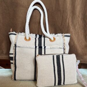 Jute style Striped Rope-Handle Tote and Pouch - Beach, Pool, Purse, Festival